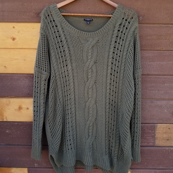 Express Olive Green Oversized Knit Woven Sweater - Picture 1 of 9